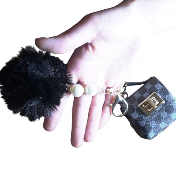 Mini Bag Keychain Charm Coin Purse Black Gray Monogram Gold Hardware Pearls NWT - Picture 6 of 9